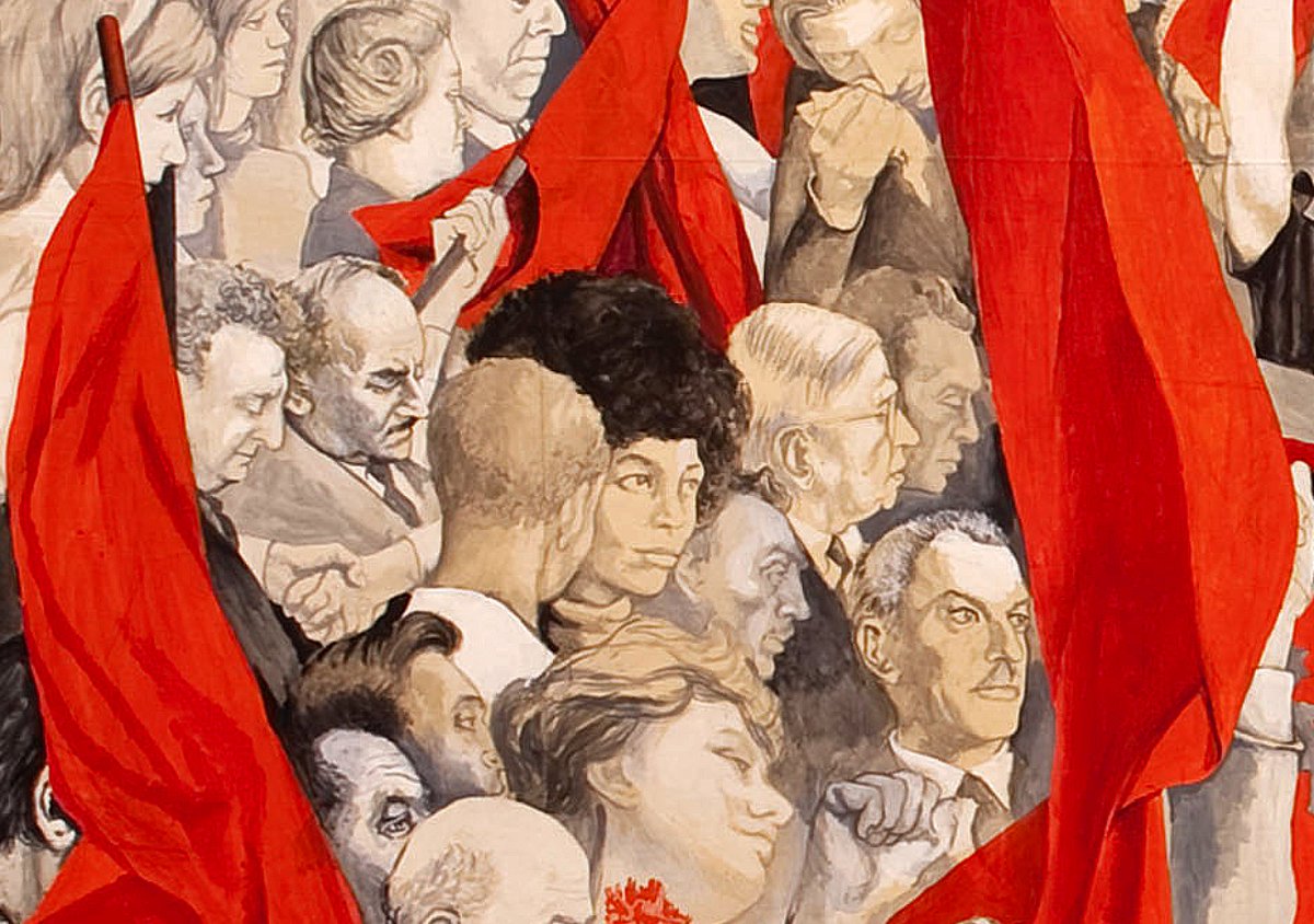 Angela Davis visited the Museo d'Arte Moderna in Bologna in March 2016 to contemplate this allegorical piece where she is represented along with Beauvoir, Gramsci, Pasolini, Vittorini, Benjamin, Brezhnev, Lenin, Marx, or Gattuso himself. Images ©ANSA.