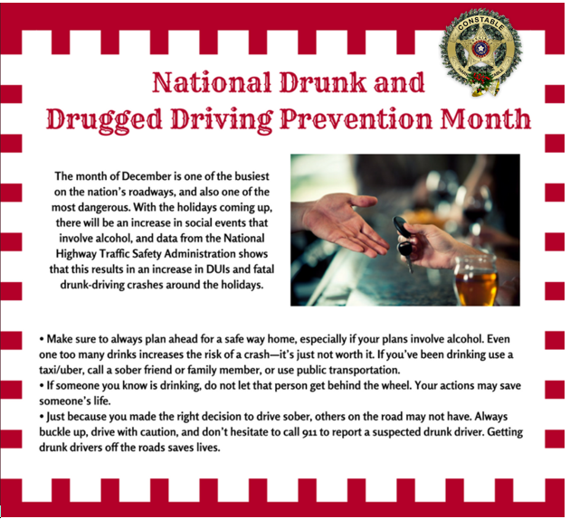December is National Drunk and Drugged Driving Prevention Month. Check out these tips to stay safe this holiday season.
