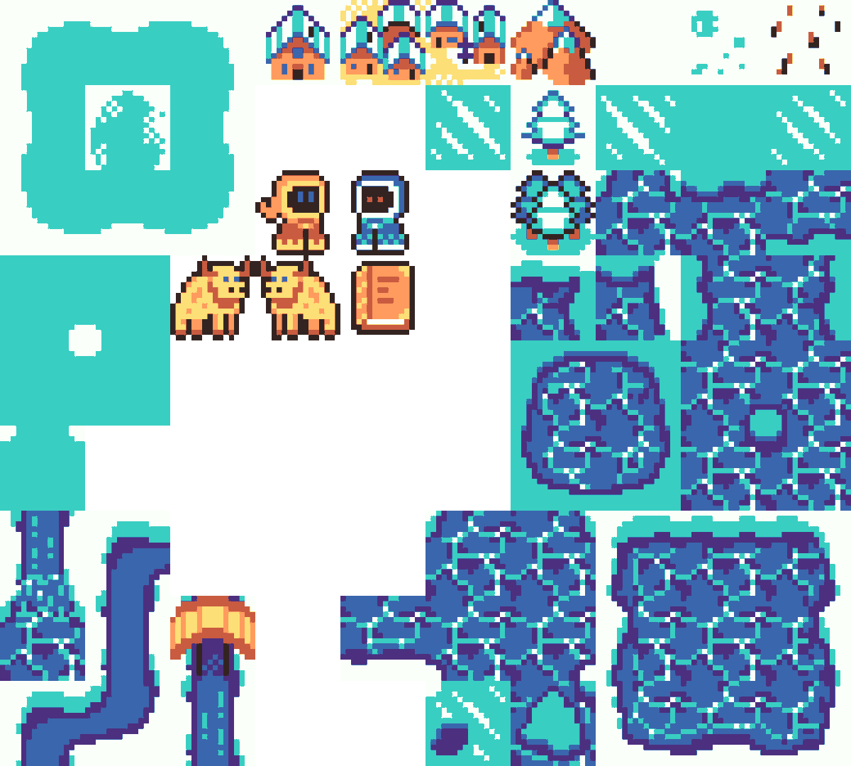 a28604407's tweet photo. This is my entry for @Saultoons 's #MyWinterWorld challenge. It's a mockup of an overworld you would find in an RPG or TRPG. Color palette is "Cold War 8".

#pixelart https://t.co/livskp32O5