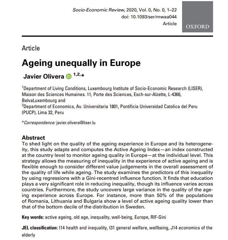 I am thrilled to share my new paper: Ageing Unequally in Europe, at Socio-Economic Review (in Open Access) It exploits the #EQLS survey for 28EU countries bit.ly/3oLQu3x  @LISERinLUX @oxford_ageing @zaidia @ProfSarahHarper @pu_unece @eurofound @EU_Social @PopulationEU