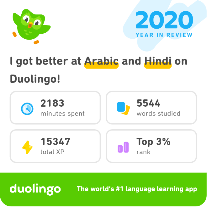 Strider2310's tweet photo. I made the most of 2020 by learning Arabic on Duolingo. Check out my progress! #Duolingo365 https://t.co/74mP3ruqjt https://t.co/3ReTbO5bgf