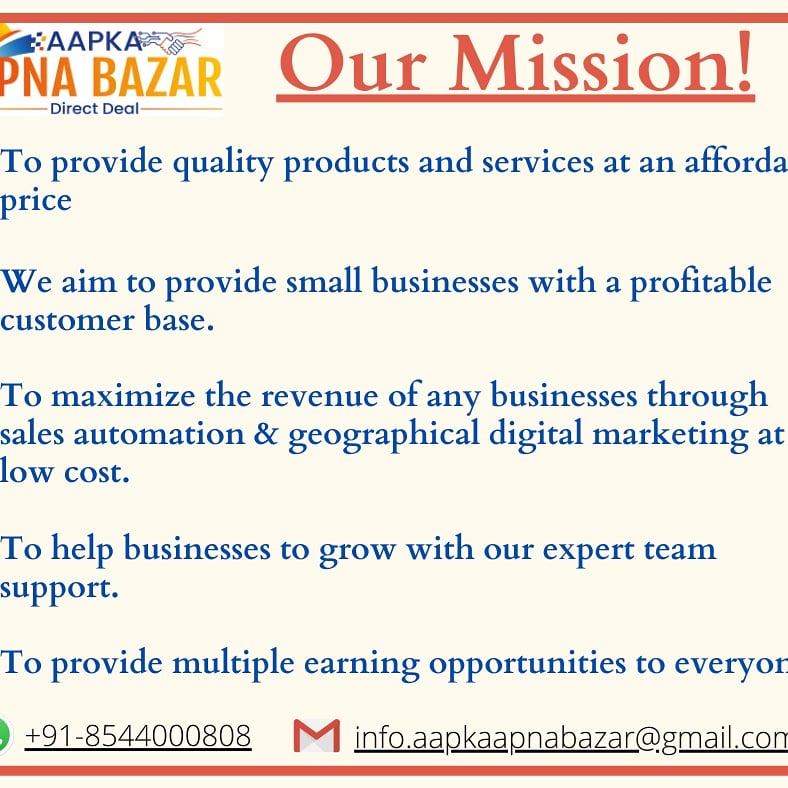 'Our Mission'

#aapkaapnabazaar #ourmission #ecommerceindia  #digitalbranding  #AtmanirbharBharat #startupindia #digitaladvertising  #digitalmarketing #easyshopping  #directdeal #DigitalIndiaNewIndia