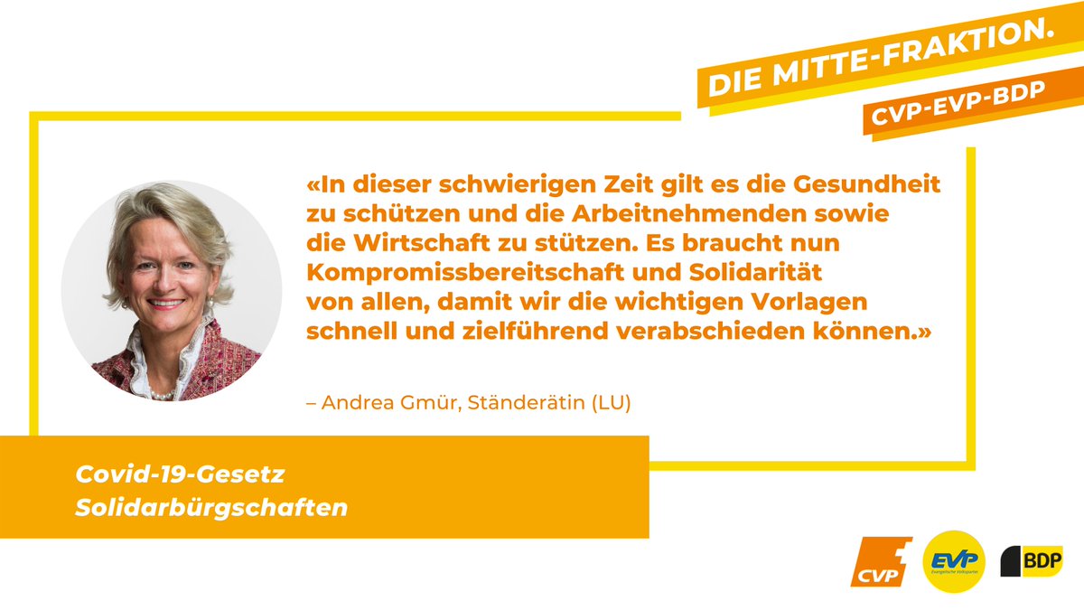 Mitte_Centre's tweet photo. Die #Mitte-Fraktion. CVP-EVP-BDP unterstützt eine Gesetzgebung, die den stark betroffenen Unternehmen und auch dem Sport schnelle und effiziente Unterstützung ermöglicht. Zudem soll für die Rückzahlung der Kredite ausreichend Zeit gewährt werden. https://t.co/ycT7yY78ZU