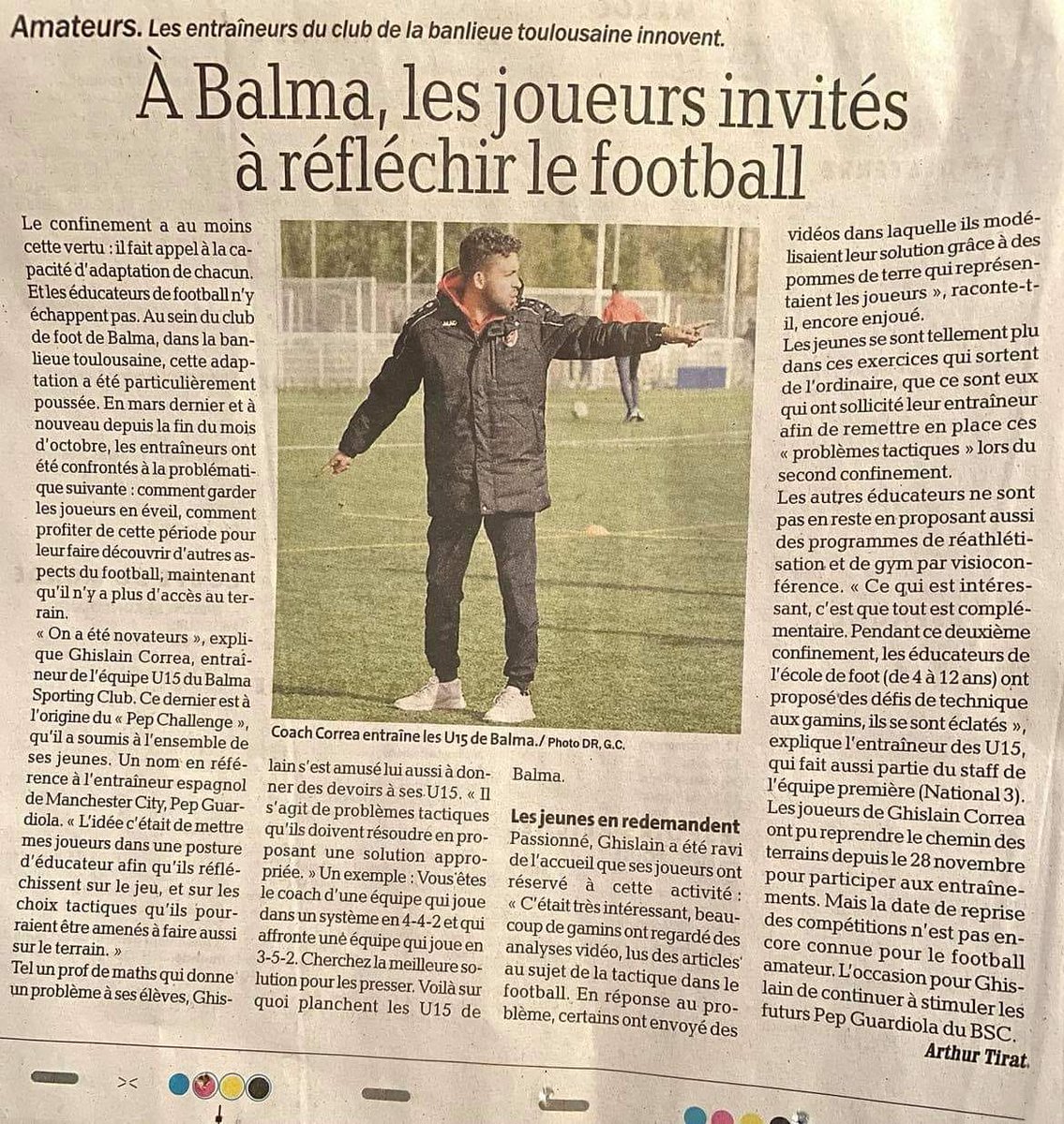 GhislainCorrea's tweet photo. ⚽️🧠 Le #PepChallenge est dans @ladepechedumidi !
🗞️ Merci à @ArthurTirat pour avoir mis en avant le travail et l'investissement des éducateurs du @balmafoot https://t.co/ccQ2YQw0OE