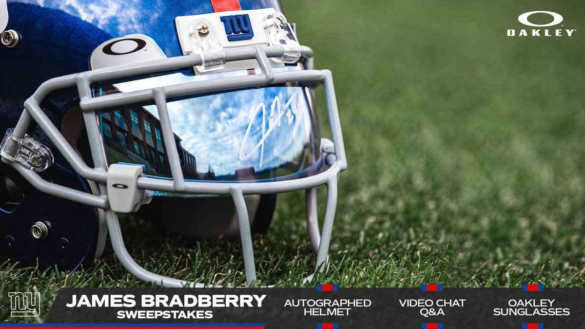 Giants's tweet image. 🚨Sweepstakes Alert 🚨

RETWEET for a chance to win a video chat with James Bradberry, an autographed helmet, and @oakley sunglasses 😎 

Rules: bit.ly/37L3CPl | #ProBowlVote
