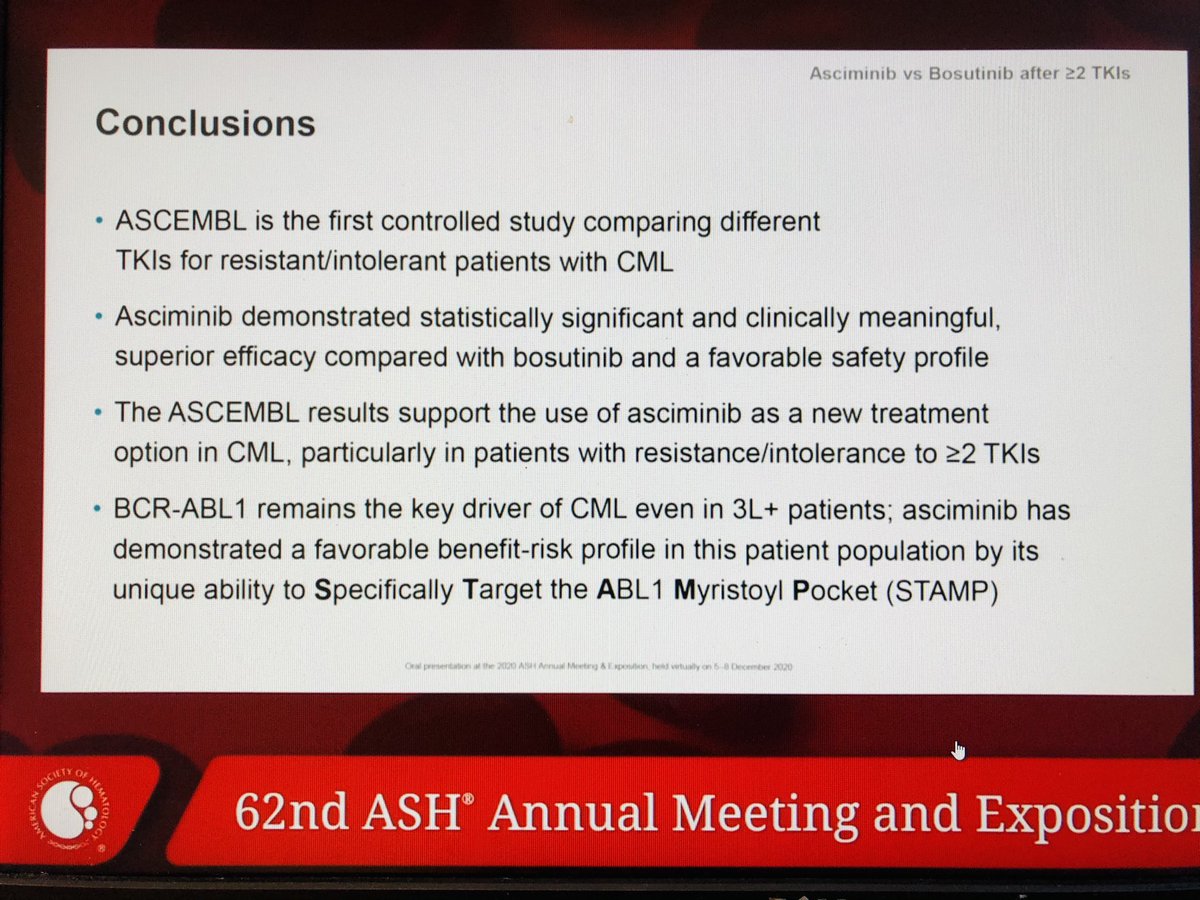 doctorpemm's tweet photo. #ASH20 #LBA4 Dr A. Hochhaus Ph3 #ASCEMBL #Asciminib vs #Bosutinib in patients with #CML after 2 or more TKIs. #STAMP = Specifically Target the #ABL1 #Myristoyl Pocket | #leusm #mpnsm #BCRABL https://t.co/0q1zljCQLq