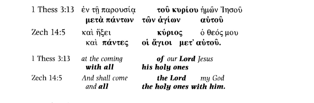 13) 1 Thessalonians:In 3:13 Paul applies a text about the coming of the God of Israel (Zechariah 14:5 LXX) with the coming of Jesus. In the preceding verse Paul uses a singular verb (may He direct...) when praying to both the Father and Jesus which shows unity of action.