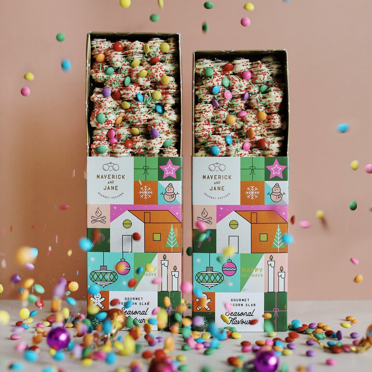 Awesome holiday range in 6 delectable flavours available from Saturday, 12th December! 

First up is our Holiday Treat Popcorn Slab! It's made on a bed of our famous caramel popcorn, couverture white chocolate with vanilla bean notes, topped with mini candy chocolates &amp; sprinkles