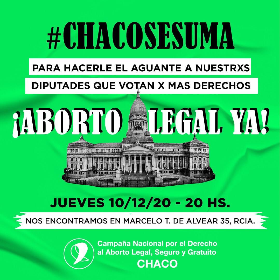 📣 Chaco se suma a la vigilia para #QueSeaLey 📣

Nos vemos este Jueves 10 en Marcelo T de Alvear 35

#AbortoLegalEsVida
#EsUrgente
#AbortoLegal2020

💚🔥✊🏽