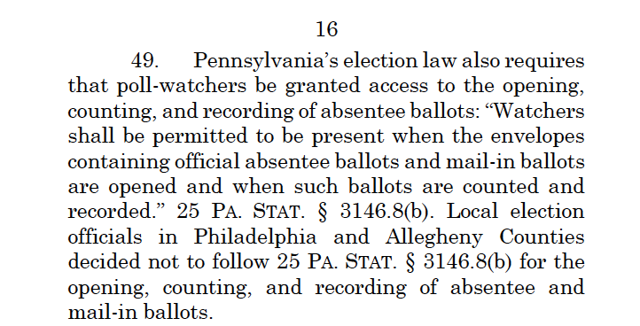 It also claims that officials in Philly and Pittsburgh barred GOP observers from the vote counts. Trump's own lawyers have admitted that's not true. Their argument is that they weren't able to get close enough to the count for their liking. Courts have repeatedly rejected.