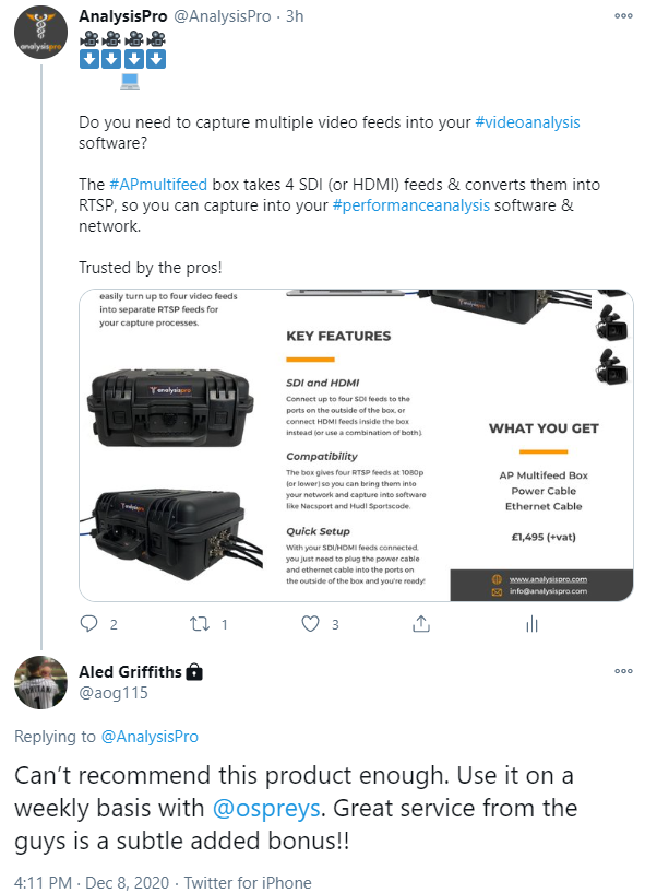 AnalysisPro's tweet image. We love to hear the positive feedback about our #APmultifeed capture box &amp;amp; the dedicated support that we provide around it.

We apply those same levels of service to all of the #APfamily using our range of #performanceanalysis solutions &amp;amp; appreciate the support we get in return!