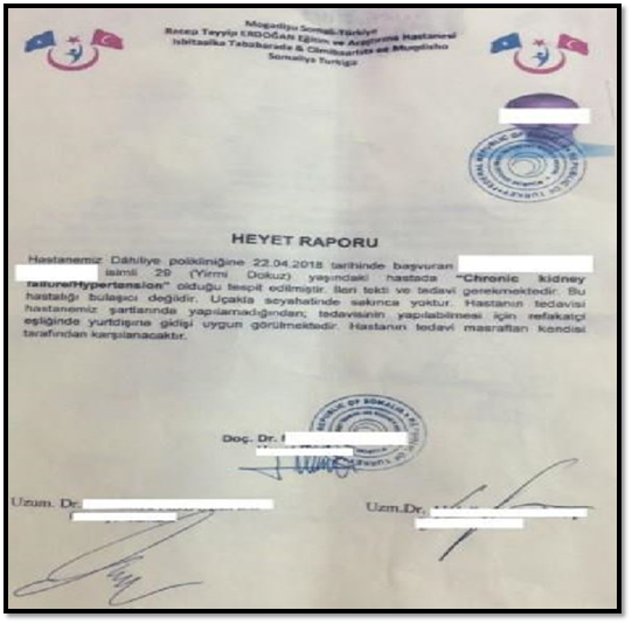The second is a medical certificate issued by a Turkish state hospital in Somalia. Again, no evidence exists to link the hospital to any NGO. 3/8