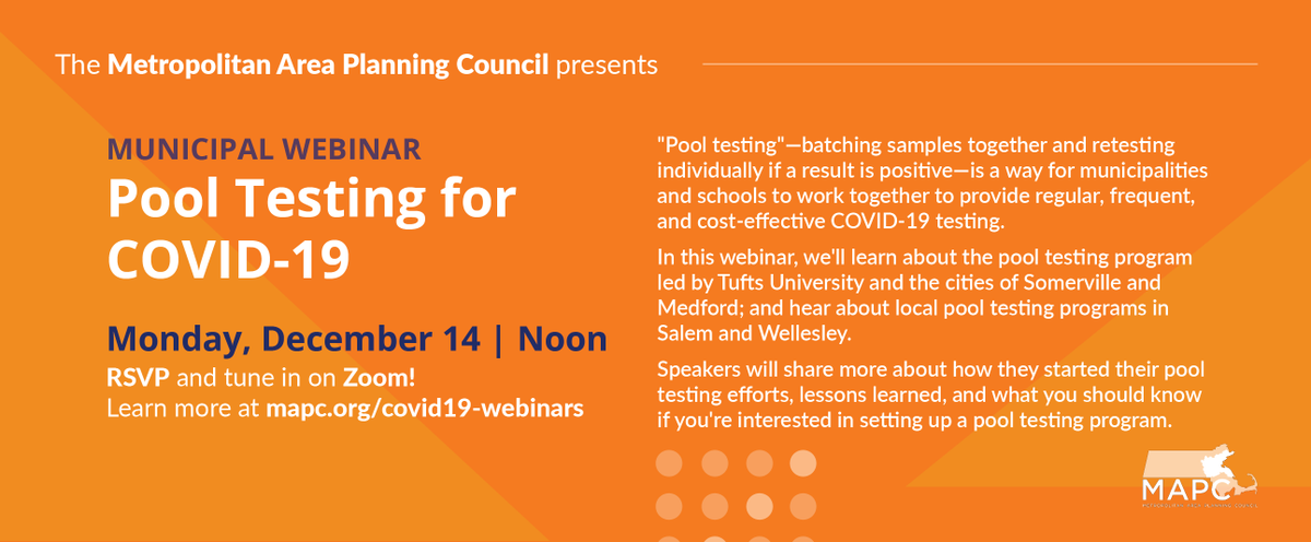 MAPCMetroBoston's tweet photo. Next Monday, join MAPC, @MayorDriscoll, @JoeCurtatone, @WellesleySupt, @MonacoAnthony, &amp; more speakers from @TuftsUniversity to learn about how pool testing can help provide regular, frequent, and cost-effective COVID testing.

RSVP: https://t.co/k63kGCnqY0 https://t.co/MkkLnwiiEu