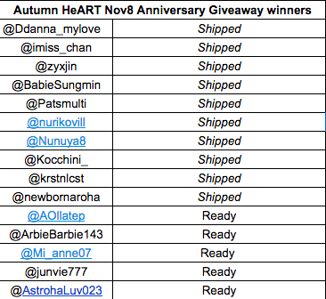 ShopAutumn's tweet photo. #ShopAutumnUpdate
Status of giveaway items to the winners for #AutumnHeartAnniversary: https://t.co/hXTb7TjaO4