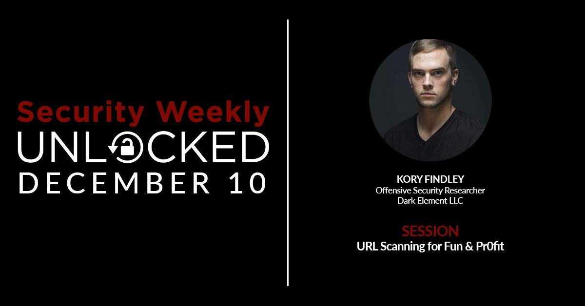 SecWeekly's tweet photo. SPEAKER SPOTLIGHT: We're excited to announce that Kory Findley will be joining us for Security Weekly Unlocked to present on URL Scanning for Fun &amp; Pr0fit! 

Register for this virtual event now: https://t.co/Tl7M0Vr3mG

#URLScanning #InformationSecurity #InfoSec #SWUnlocked https://t.co/jrwvqNMmBt