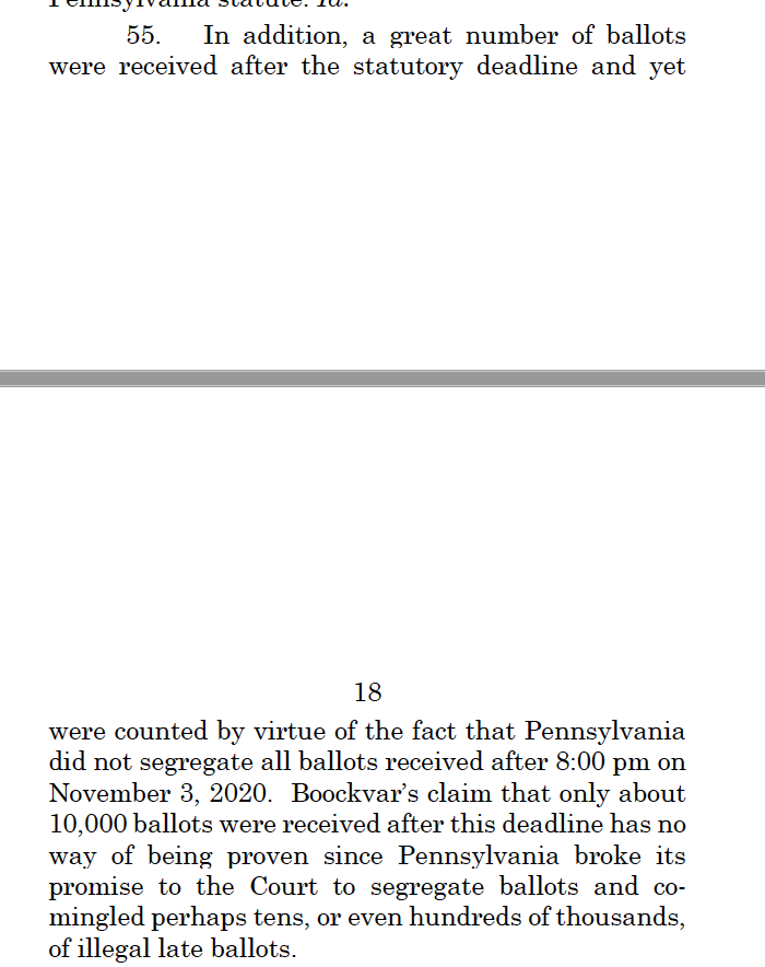 But in justifying that argument, the suit makes another incorrect claim. Saying that the 10,000 number is unverifiable because counties weren't counting those late ballots separately as Boockvar had told them to do. All counties have previously verified that this is not accurate.