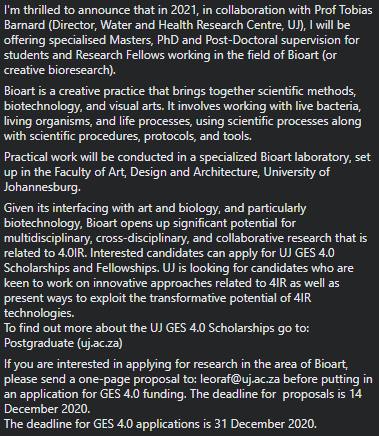 ujblujoy's tweet photo. An opportunity for very interesting research at @go2uj under the guidance of Prof. Leora Farber and Prof. @TobiasH2O The beautiful combination of science and art. @HealthScienceUJ @UJ_FADA  #ujblujoy Please check the deadlines to avoid disappointment. https://t.co/eifyh85cdK