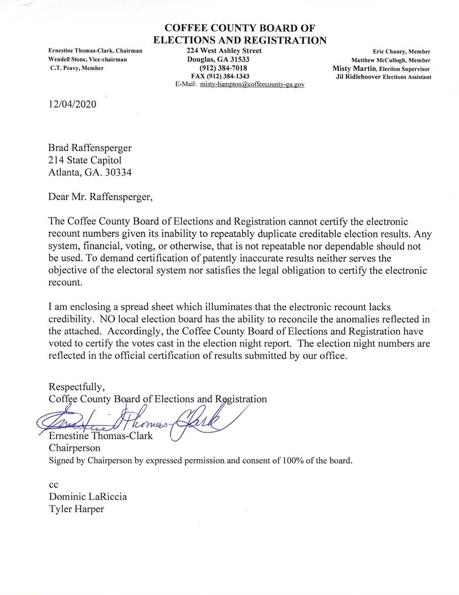 REPORT-The Coffee County Georgia Board of Elections refused to certify the electronic recount (3rd count) due to problems with  #DominionVotingSystems inability to repeatably duplicate creditable election results.  @GaSecofState re-certified the election results yesterday anyway.