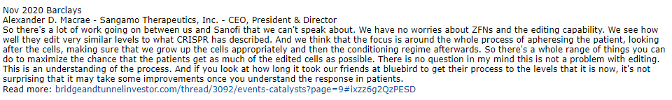 Yesterday sell off IMO was NOT due to HemA. It was due to great  $CRSP data for SCD. I believe SM when he said issues were NOT ZF ex vivo editing. If true,  $SGMO executed but  $SNY is working thru issues. 7/n