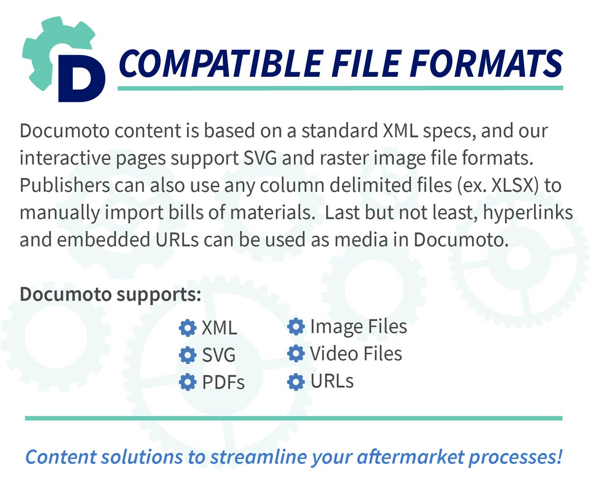 Documoto's tweet image. We often get the question, &quot;what kind of file formats are compatible with your system?&quot; The question to that answer is that @Documoto #supports numerous #fileformats such as XML, SVG, delimited files (like XLSX), PDFs, image files, &amp;amp; video files!