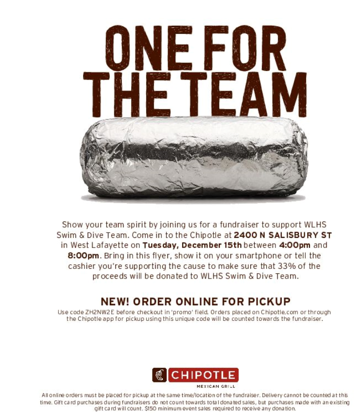 WLParentCouncil's tweet photo. The swim team is having a fundraiser:

If you are in the mood for Chipotle next Tuesday, please mention the WL Swim and Dive Team! 
2400 N Salisbury Ave, WL
4-8pm Tuesday, 12/15
You can order online (use code ZH2NW2E)  and pick up through the drive thru! https://t.co/JcTeMMHSWn