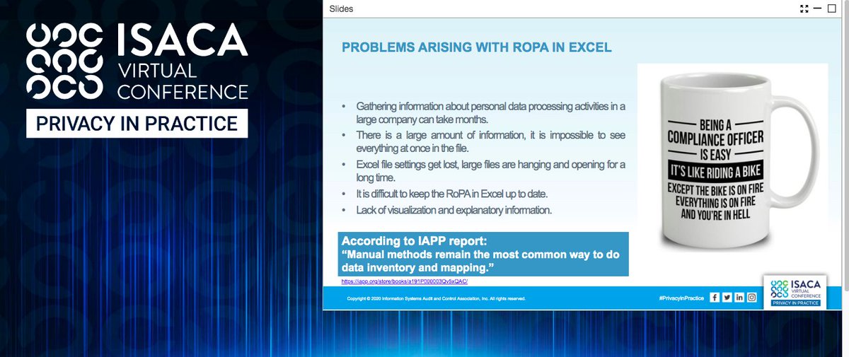 iyeraghu's tweet image. ROPA-Records of processing activities in excel is a one-way road to hell. Great session by Ekaterina Volkovich speaking at @ISACANews #Privacyinpractice virtual conference