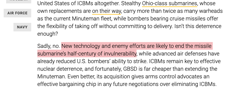 7. So why do we keep seeing these vague arguments about how "new technology and enemy efforts" will suddenly make US SSBNs vulnerable, when this doesn't seem to be the case?In reality, this claim is being made in service of an entirely different argument––one about ICBMs.