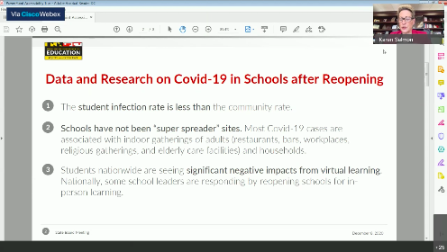 Maryland State Superintendent of Schools Karen Salmon, who has in recent months emphasized the need for schools to reopen for in-person classes, is telling the state Board of Education schools are not "super spreaders" of COVID-19. (Sorry, slides are hard to read)