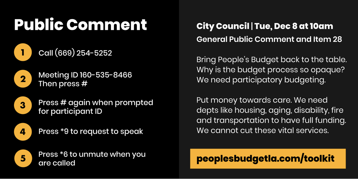 PUBLIC COMMENT NEEDED Ask City Council why  #PeoplesBudgetLA is being left out of the budgeting process1. Call 669-254-52522. Meeting ID 160-535-8466, press #3. Press # for ID4. Press *9 to speak & *6 to unmuteTalking points here:  http://peoplesbudgetla.com/toolkit 