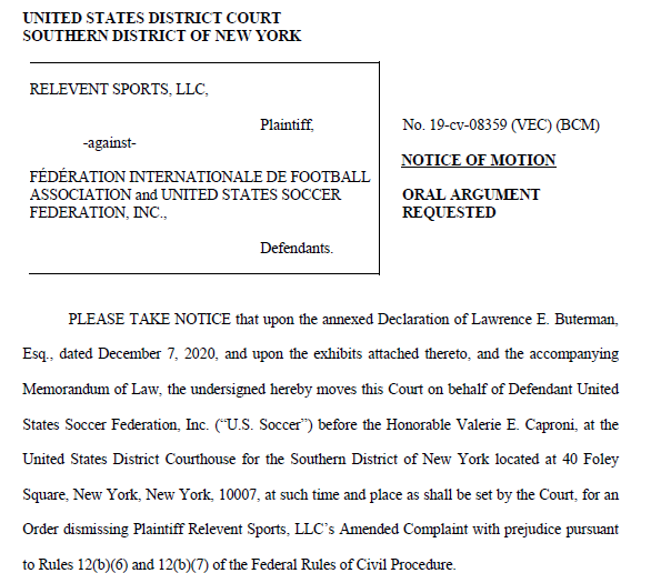 US Soccer and FIFA both filed motions to dismiss yesterday in the antitrust lawsuit filed against them by Relevent Sports for failing to permit regular season league matches from Spain and elsewhere to be played in the US