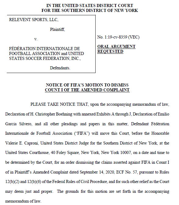 US Soccer and FIFA both filed motions to dismiss yesterday in the antitrust lawsuit filed against them by Relevent Sports for failing to permit regular season league matches from Spain and elsewhere to be played in the US