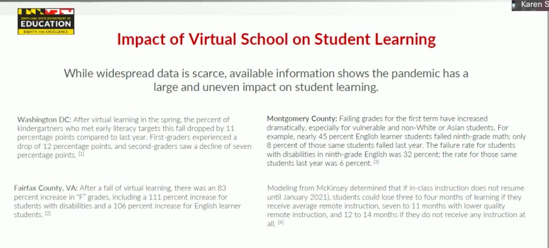Salmon cites an increase in failing grades in Montgomery County as a reason districts need to reopen for in-person instruction. "I believe we need to get on board ... in working collaboratively toward this goal," she said.Background about MoCo grades:  https://bethesdamagazine.com/bethesda-beat/schools/more-mcps-students-failing-courses-during-virtual-learning/