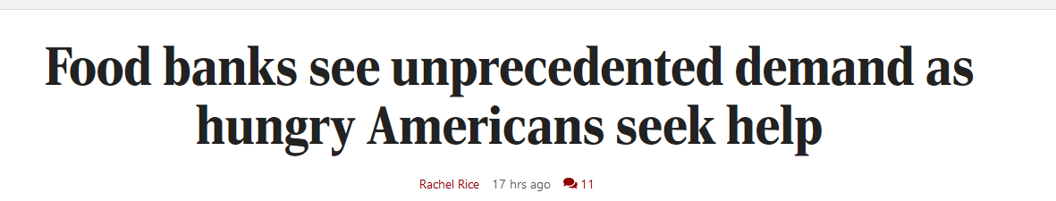 DanPriceSeattle's tweet photo. Two headlines to sum up America right now:
*Record lines at food banks - up 57% this year
*Record wealth growth for billionaires - up $1 trillion this year https://t.co/gV5koLi3Jj