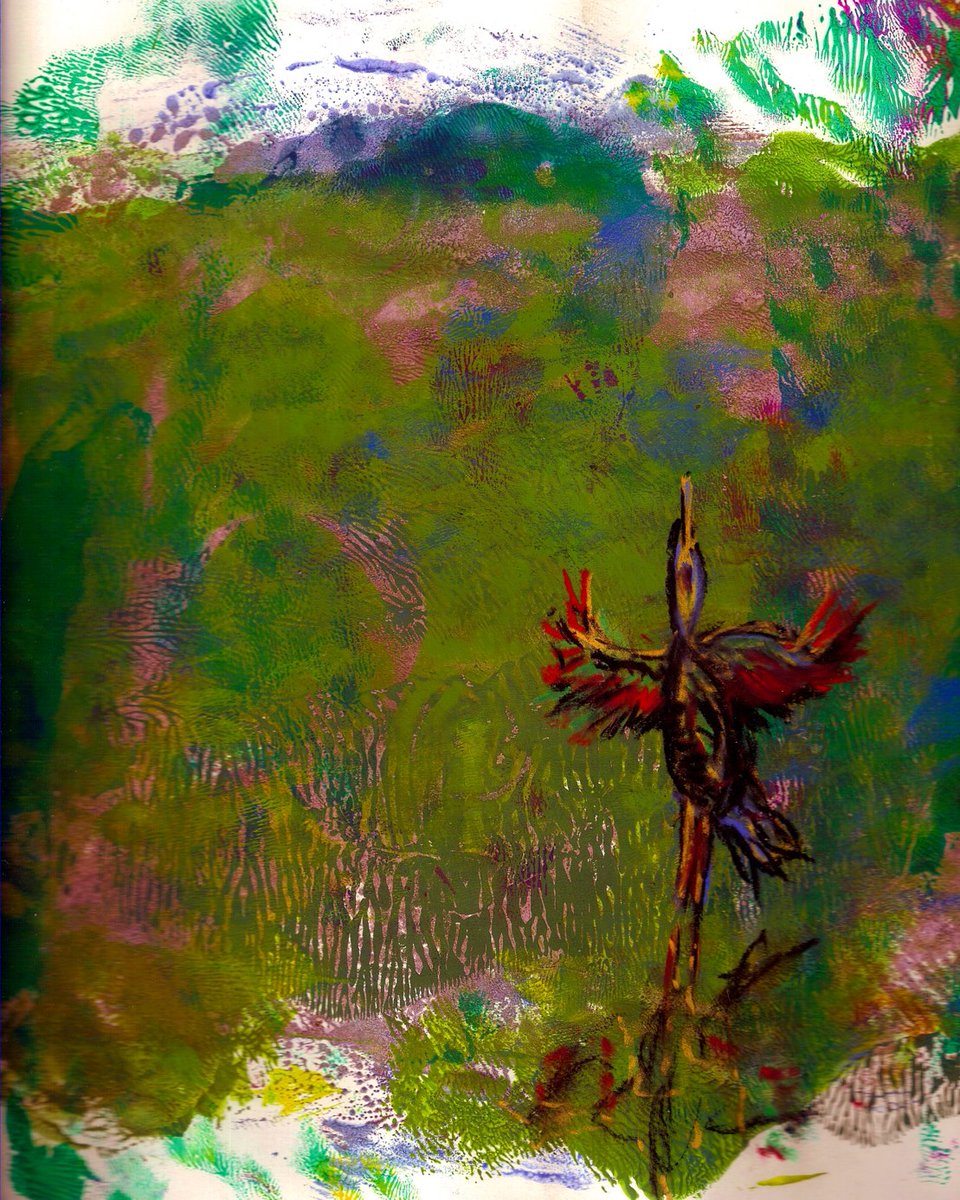 "Morning Stretch"-one of our directors pieces
 Monotype: a print made by painting on glass and transferring the wet painting to paper. It's not a multiple-replica process-each print is unique. It becomes mixed media when it is combined with pastel added on top of the print