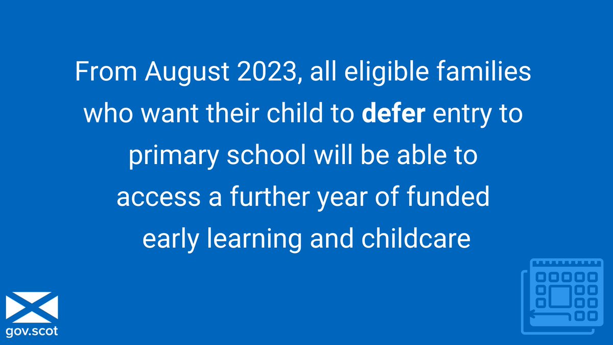 From August 2023, all eligible families who want their child to defer entry to primary school will be able to access a further year of funded early learning and childcare if their parent or carer feels it is in their best interests More info on deferral: parentclub.scot/articles/can-m…