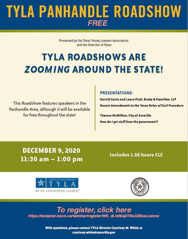 TexYoungLawyers's tweet photo. Join us Wednesday, December 9 from 11:30 AM - 1 PM for our TYLA virtual roadshow!
To register, click here: https://t.co/u09UwLlrNw
The FREE virtual roadshow qualifies for 1.50 hours of CLE. #TYLA #ZoomCLE #Zoom #CLE #UncommonLeaders https://t.co/hTYEbO2ZVQ