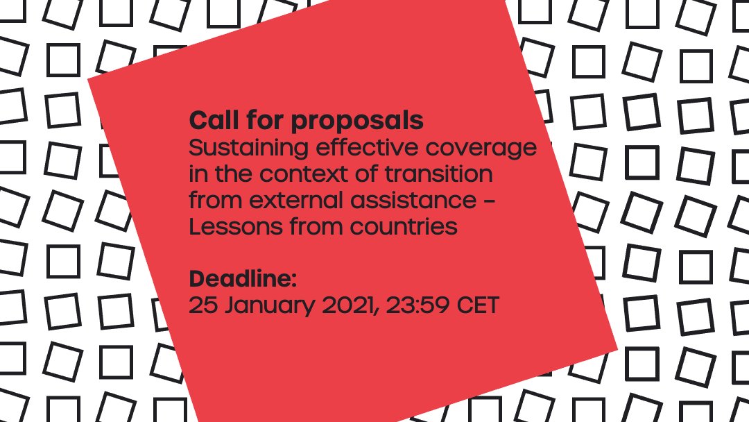 Alliance for HPSR (@alliancehpsr) on Twitter photo New call for proposals: Sustaining effective coverage in the context of transition from external assistance – Lessons from countries.
Deadline is 25 January 2021. Find out more and apply at: who.int/alliance-hpsr/… New call for proposals: Sustaining effective coverage in the context of transition from external assistance – Lessons from countries.
Deadline is 25 January 2021. Find out more and apply at: who.int/alliance-hpsr/…