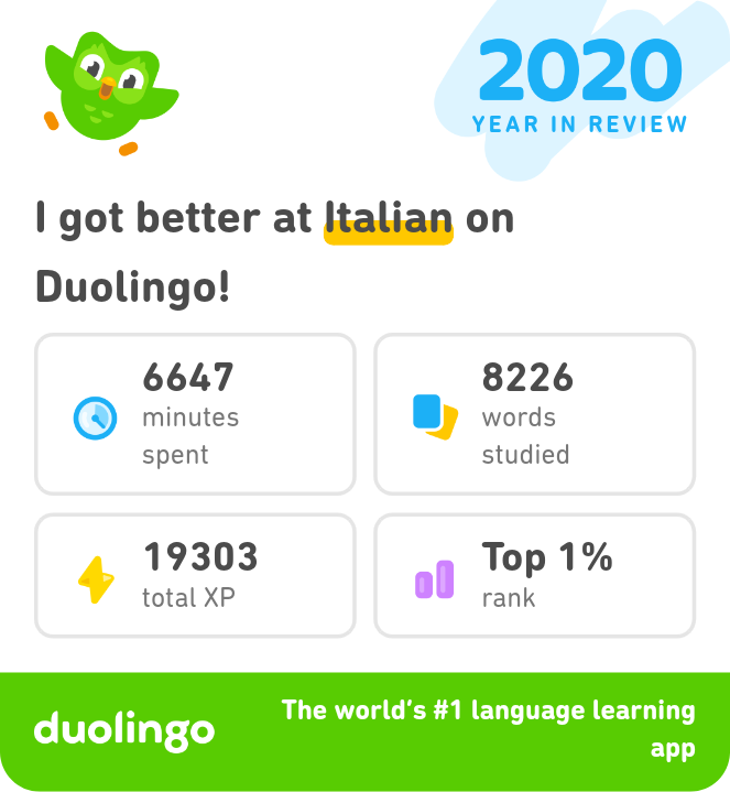 I made the most of 2020 by learning Italian on Duolingo. Check out my progress! #Duolingo365 invite.duolingo.com/BDHTZTB5CWWKSC…