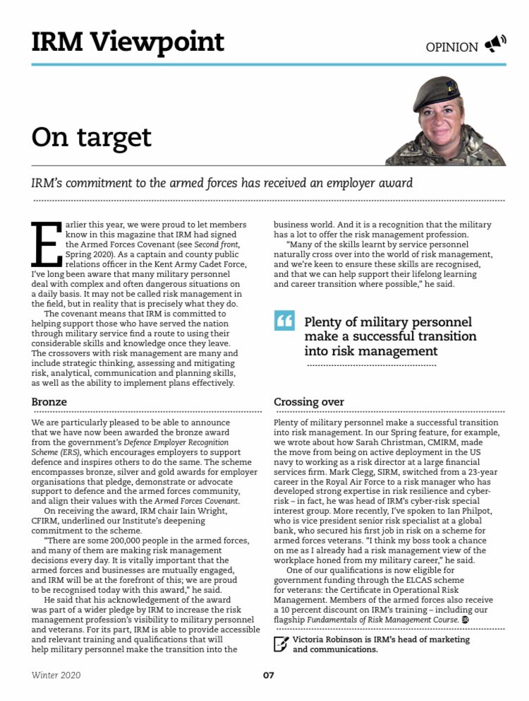 #enterpriserisk magazine is out from @irmglobal - including a short piece by me on the crossover from the #military to #riskmanagement with my other @KentArmyCadets @ArmyCadetsUK hat on @GLRFCA @DRM_Support #covenant

enterpriseriskmag.com/wp-content/upl…