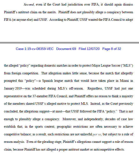 FIFA's second argument is that there is no conspiracy. USSF only has one vote, there's no reason to protect MLS specifically, and MLS was in the offseason during the Spanish league match in question