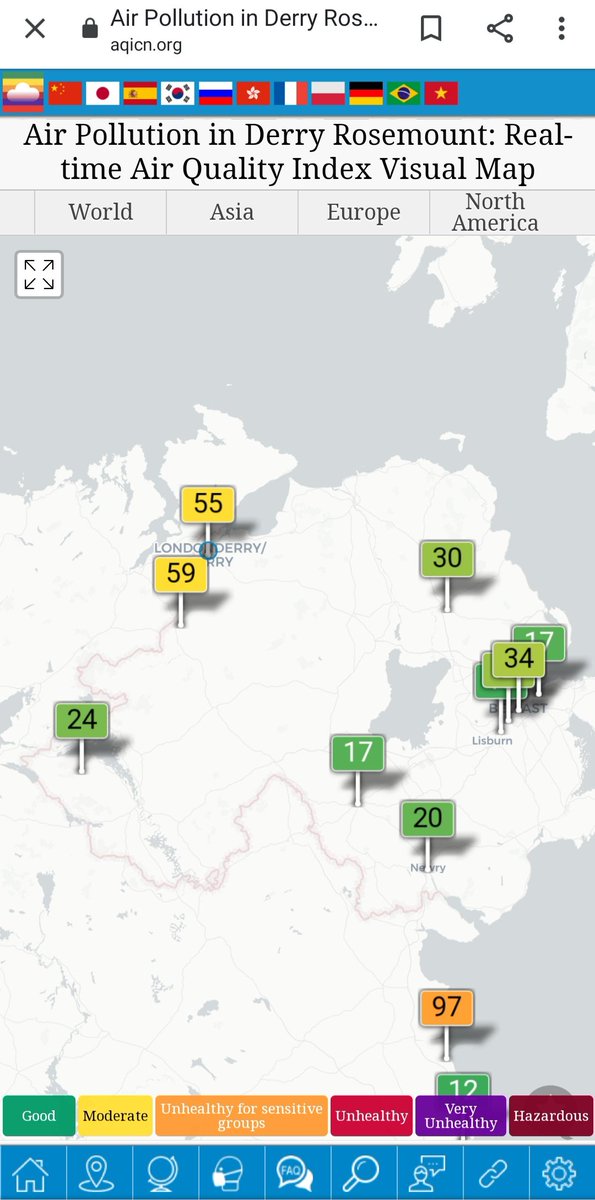 You can check real-time pollution stats online from local monitoring stations in Rosemount & Strabane. Both currently at 'moderate' levels, tho Strabane highest in NI. The top 2 measures (PM2.5/10) are tiny particles frm burning. Hugely damaging to health  https://aqicn.org/map/united-kingdom/northenireland/derry-rosemount/