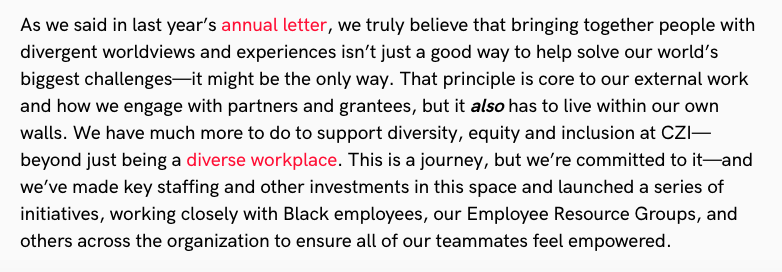 Mark Zuckerberg and Priscilla Chan also respond to the criticisms made this year about how their philanthropy can be a difficult place to work for Black employees."We have much more to do to support diversity, equity and inclusion at CZI," they write.
