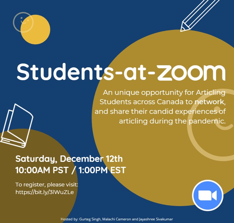 JSivakumar_'s tweet image. Hey #LawTwitter, if you are you an articling student looking to virtually connect (and commiserate) with other students, consider joining @malachicameron, @gvrtegsingh and me this Saturday: bit.ly/3lWuZLe.