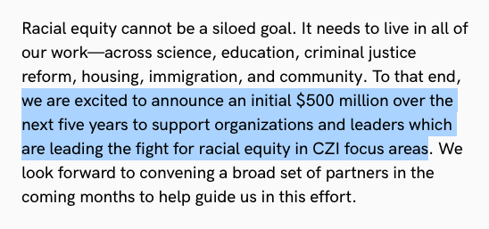 The new annual letter from Mark Zuckerberg, Priscilla Chan and the  @ChanZuckerberg Initiative is now out.One piece of news in here — CZI announces it is spending $500 million over the next five years on groups focused on racial-equity initiatives. https://chanzuckerberg.com/about/annual-letter/year-2020/