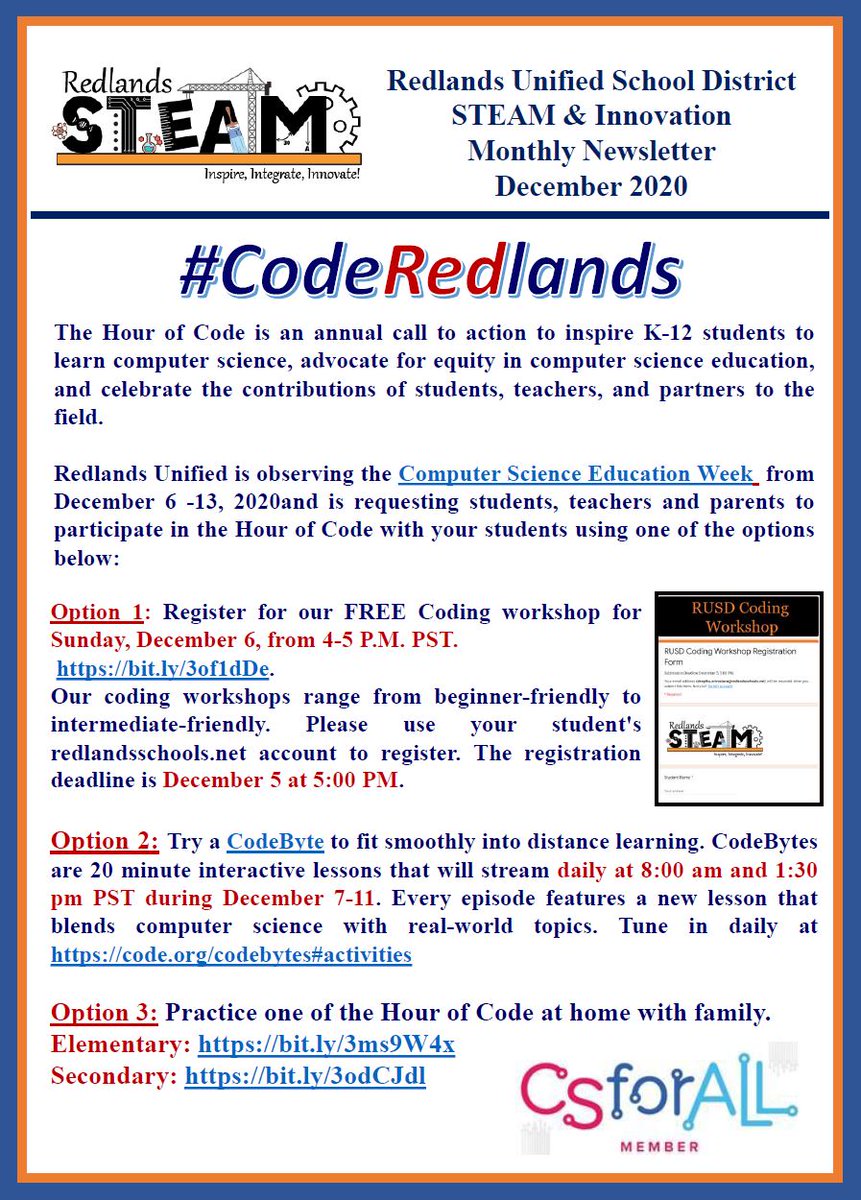 RedlandsSTEAM's tweet image. Calling all @RedlandsUSD students, parents and teachers  to participate in #CSEdWeek2020  using one of the options below. #CodeRedlands @CSforALL #thisisRUSD #RUSD2025
#InspireIntegrateInnovate