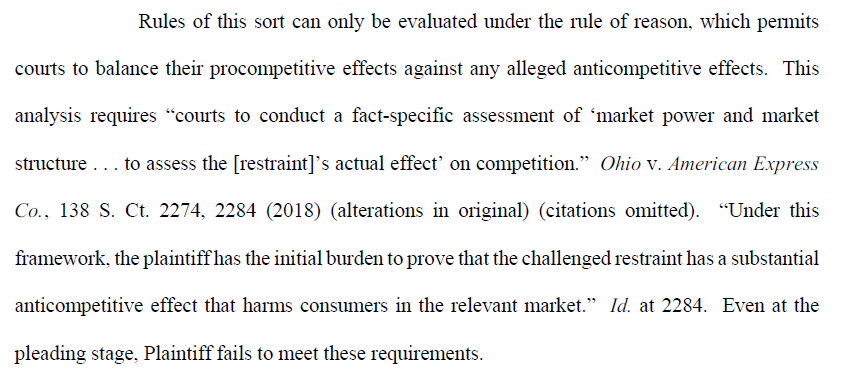 Even if there is a conspiracy, a defendant in an antitrust case not involving a prima facie violation can survive a challenge under a rule of reason analysis, which involves the procompetitive and anticompetitive effects
