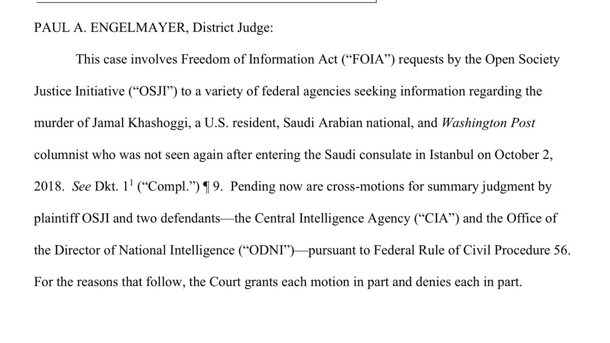 OH MY“CIA and ODNI are ordered to produce a Vaughn index, limited to the two items (the tape of the killing of Jamal Khashoggi and the CIA’s report on the killing) whose existence and possession the Court has found to have been officially acknowledged” https://www.courtlistener.com/recap/gov.uscourts.nysd.508052/gov.uscourts.nysd.508052.176.0.pdf
