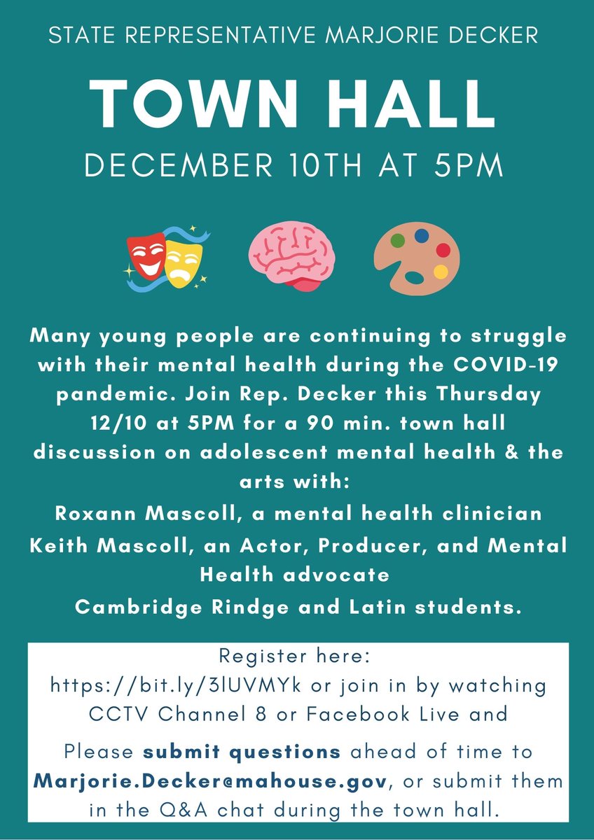 Many young people are continuing to struggle with their #mentalhealth during the COVID-19 pandemic. Join me this Thursday at 5PM for a 90 min. town hall on adolescent mental health &amp; the arts.
