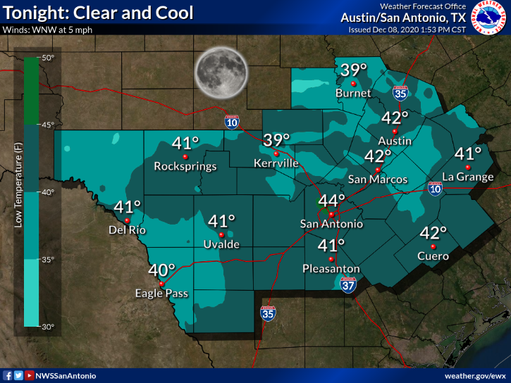 BexarCOSW's tweet photo. Tonight: Clear skies & cold. Lows in the low/mid 40s.
Extended: Warming trend continues with highs nearing 80Β°F tomorrow. But, fear not cold weather fans, check out the highs by Saturday/Sunday. #TexasWinter #RollercoasterTemps https://t.co/yNjroBCc1V