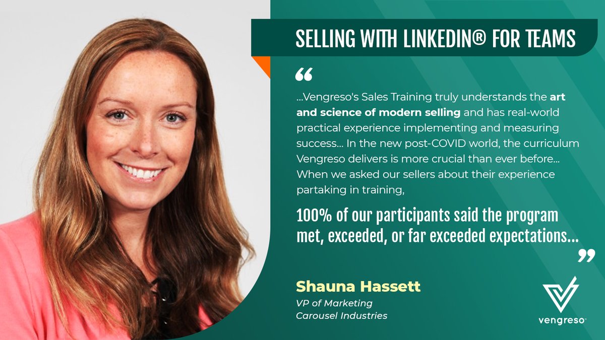 #ModernSelling is the key to catching the new #buyer. Here's an excellent testimonial from Shaunna Hasset, the VP of Marketing at @carousel_ind who took @GoVengreso's Selling with LinkedIn for Teams course ➡️ bit.ly/2EIuhli

#LinkedInSales